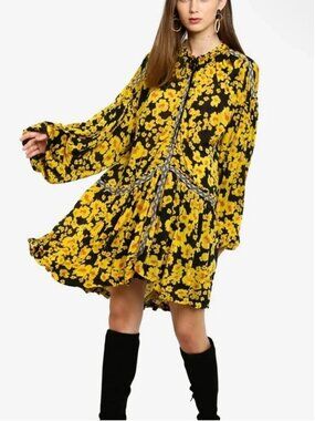 Free People Love Letter Black & Yellow Floral Boho Swing Dress M NWT